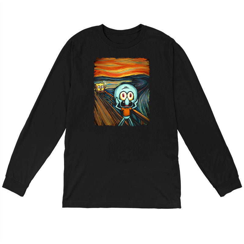 Long Sleeve T-shirt_TeeTurtle black The Scream apparel featuring a screaming Squidward with SpongeBob running towards him in the background done in a style reminiscent of the painting The Scream.