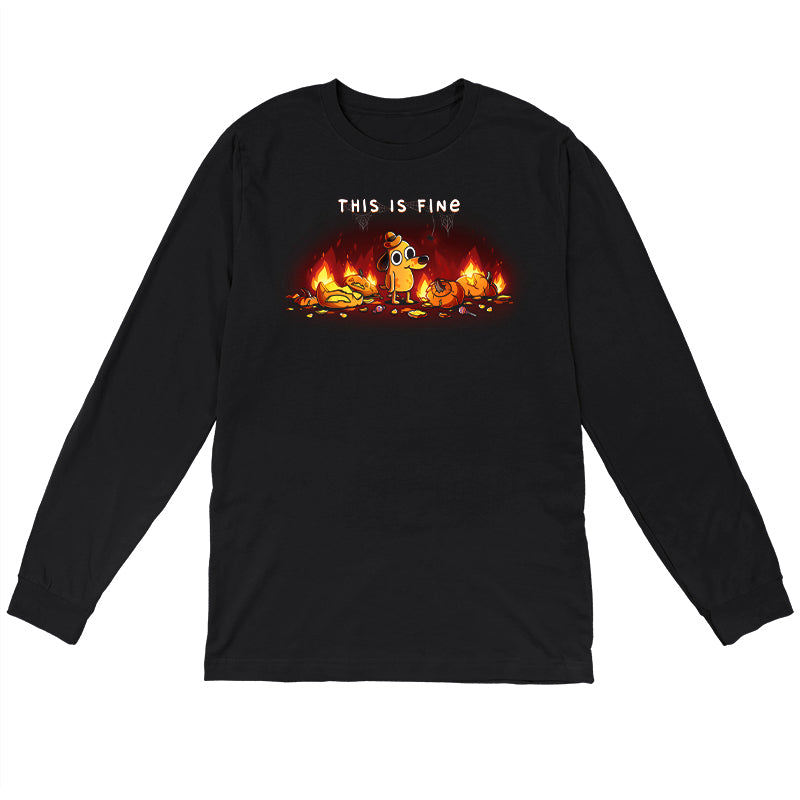 Long Sleeve T-shirt_TeeTurtle black This is Fine (Pumpkins) apparel featuring Question Hound from KC Green surrounded by pumpkins on fire with the caption, “This is Fine“.