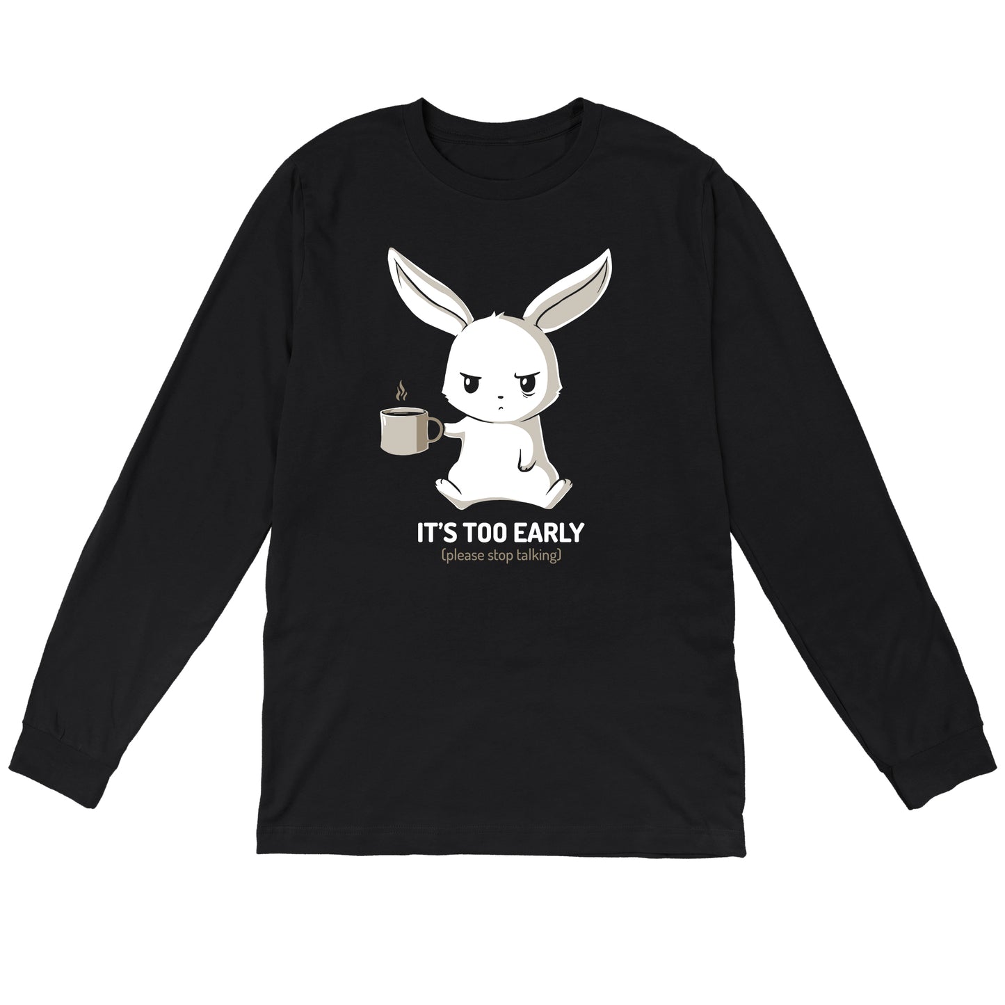 Long Sleeve T-shirt_TeeTurtle black Too Early. Featuring a grumpy bunny holding a cup of coffee.