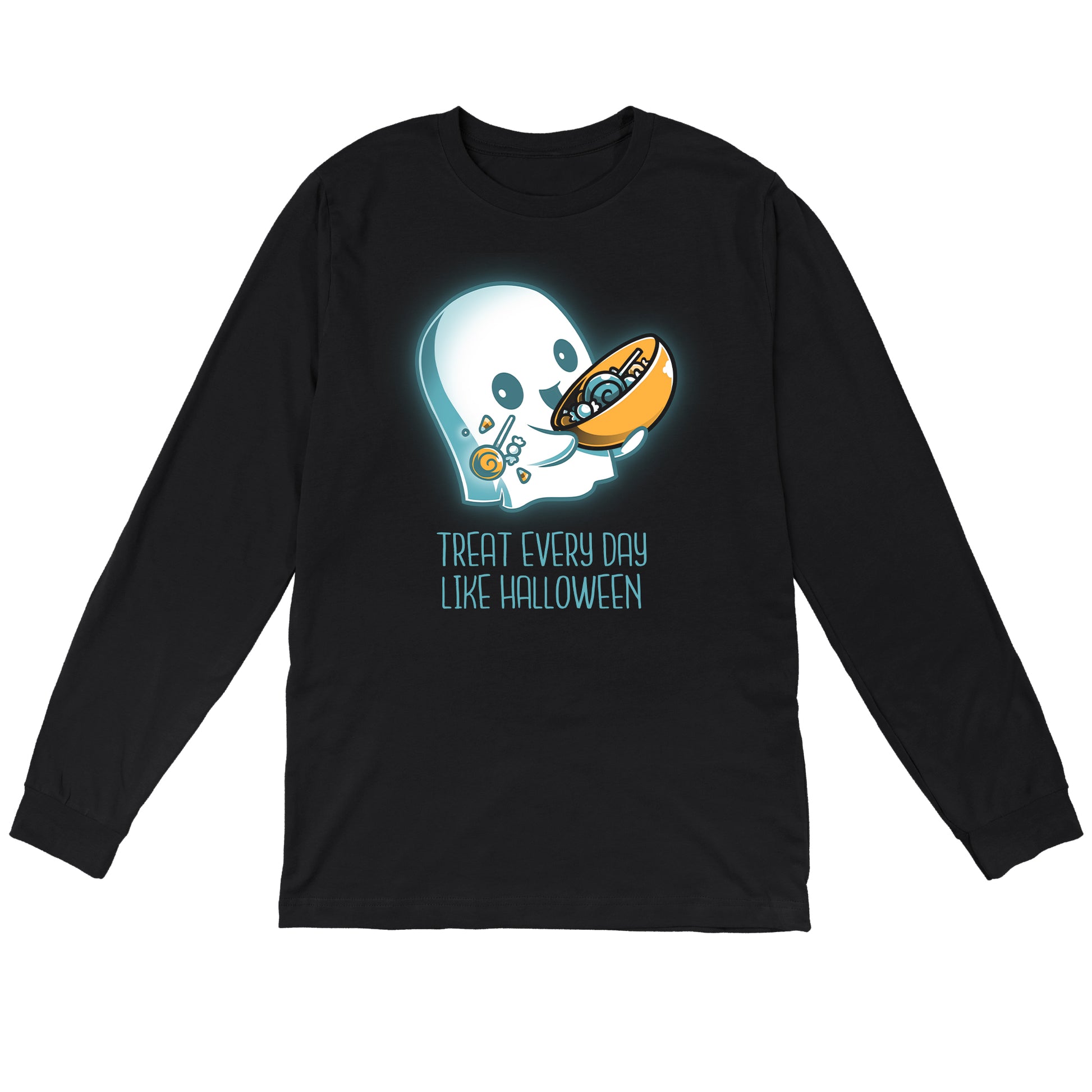 Long Sleeve T-shirt_Teeturtle Treat Every Day Like Halloween black t-shirt featuring a cute ghost with a bowl full of candy and the words 'Treat Every Day Like Halloween' beneath.