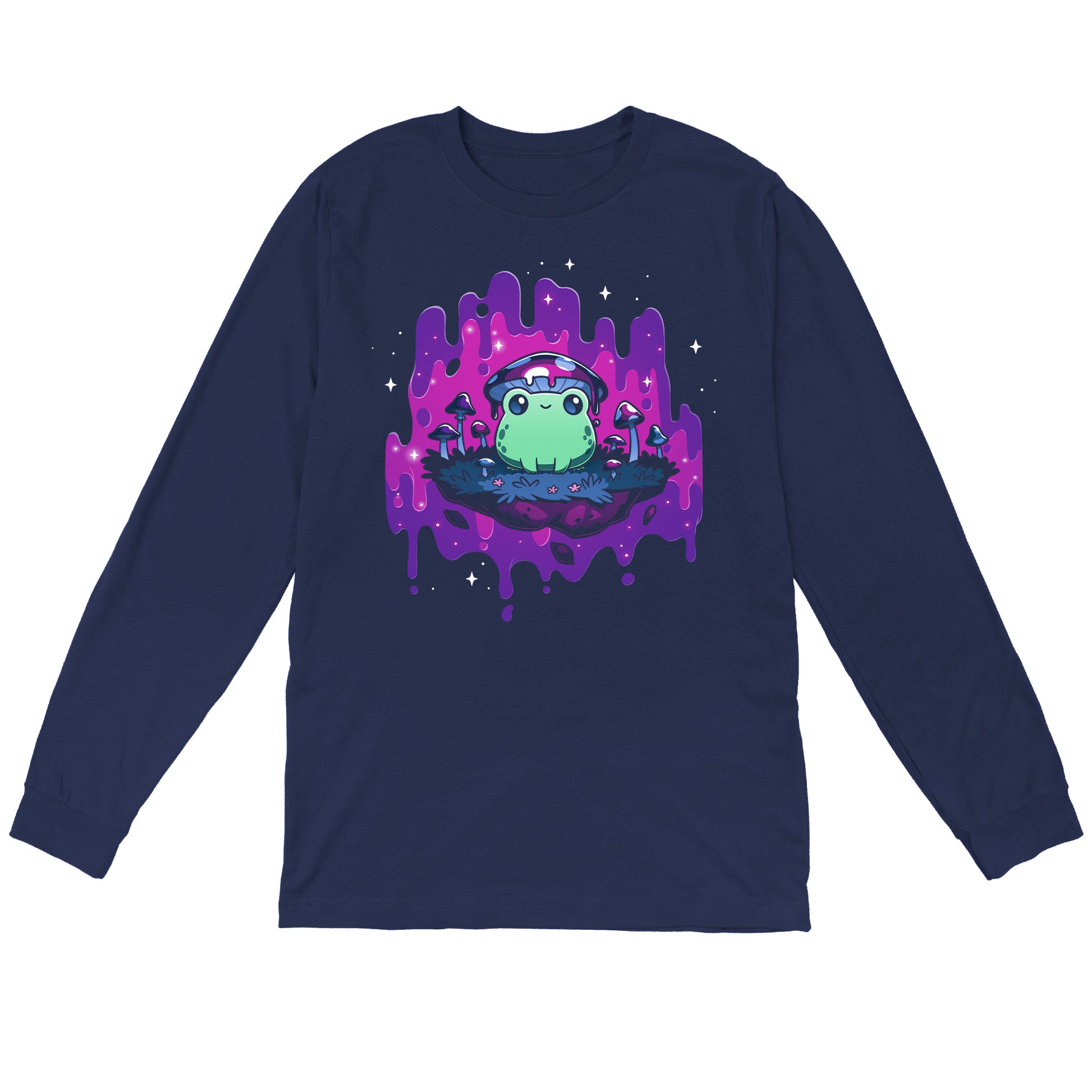 Long Sleeve T-shirt_TeeTurtle navy blue Trippy Toadstool apparel featuring a frog wearing a mushroom hat perched on a floating rock with a purple psychedelic dripping background surrounded by sparkles.