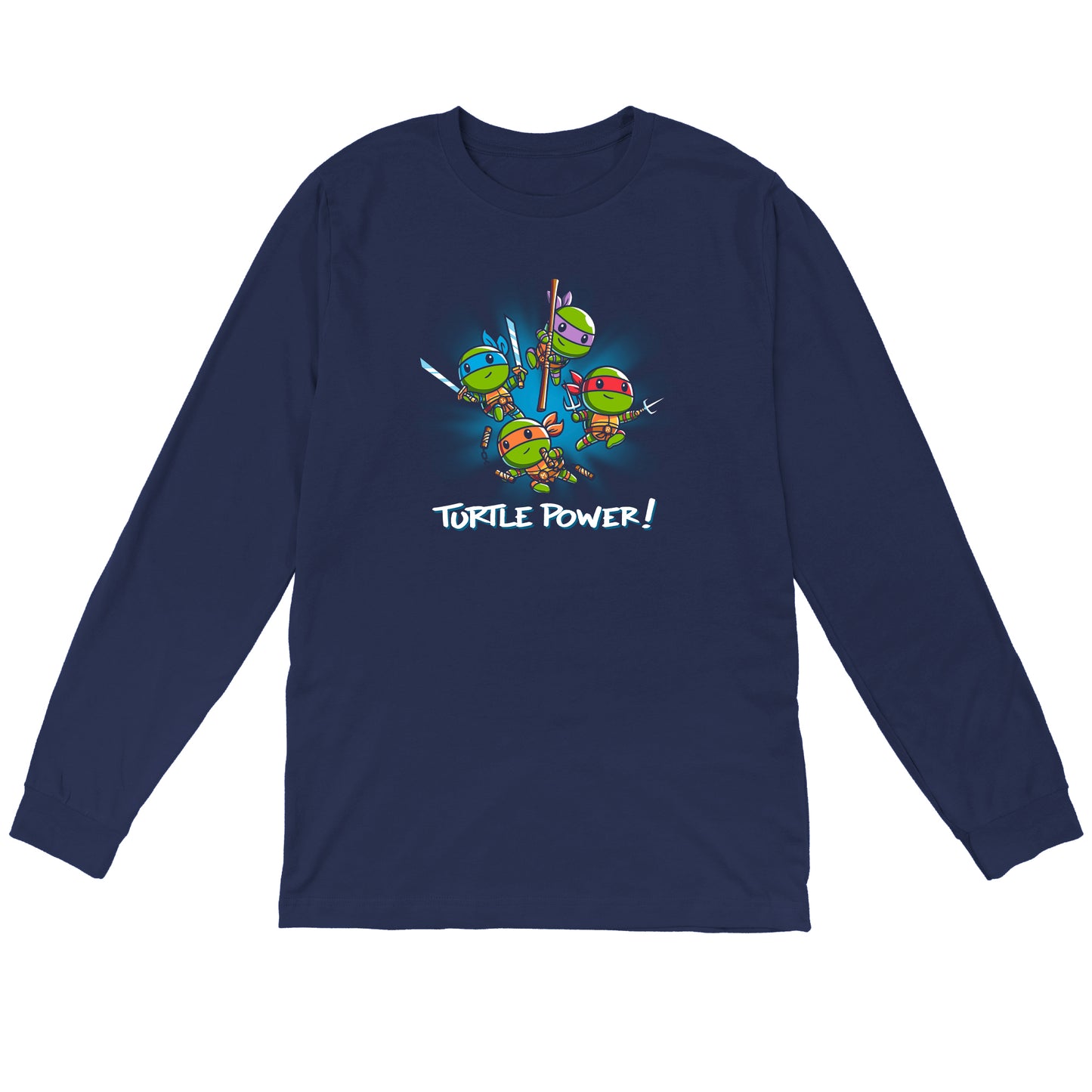 Long Sleeve T-shirt_TeeTurtle navy blue Turtle Power apparel featuring Raphael, Leonardo, Michaelangelo, and Donatello with weapons drawn in dynamic leaping poses.