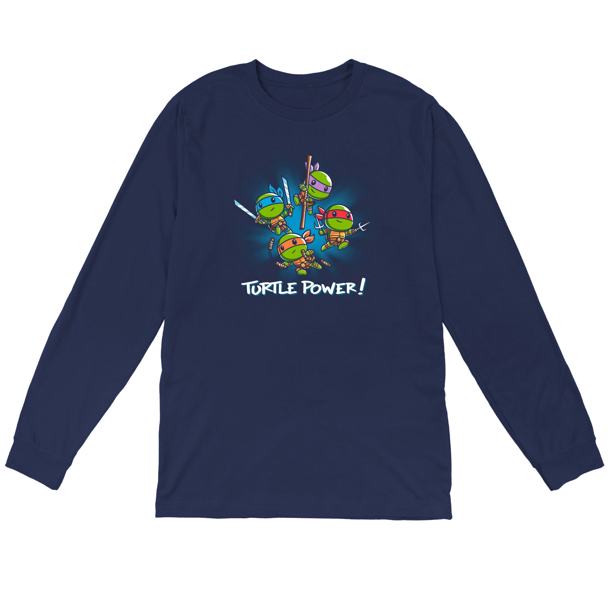 Long Sleeve T-shirt_TeeTurtle navy blue Turtle Power apparel featuring Raphael, Leonardo, Michaelangelo, and Donatello with weapons drawn in dynamic leaping poses.
