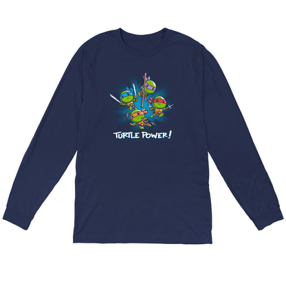 Long Sleeve T-shirt_TeeTurtle navy blue Turtle Power apparel featuring Raphael, Leonardo, Michaelangelo, and Donatello with weapons drawn in dynamic leaping poses.
