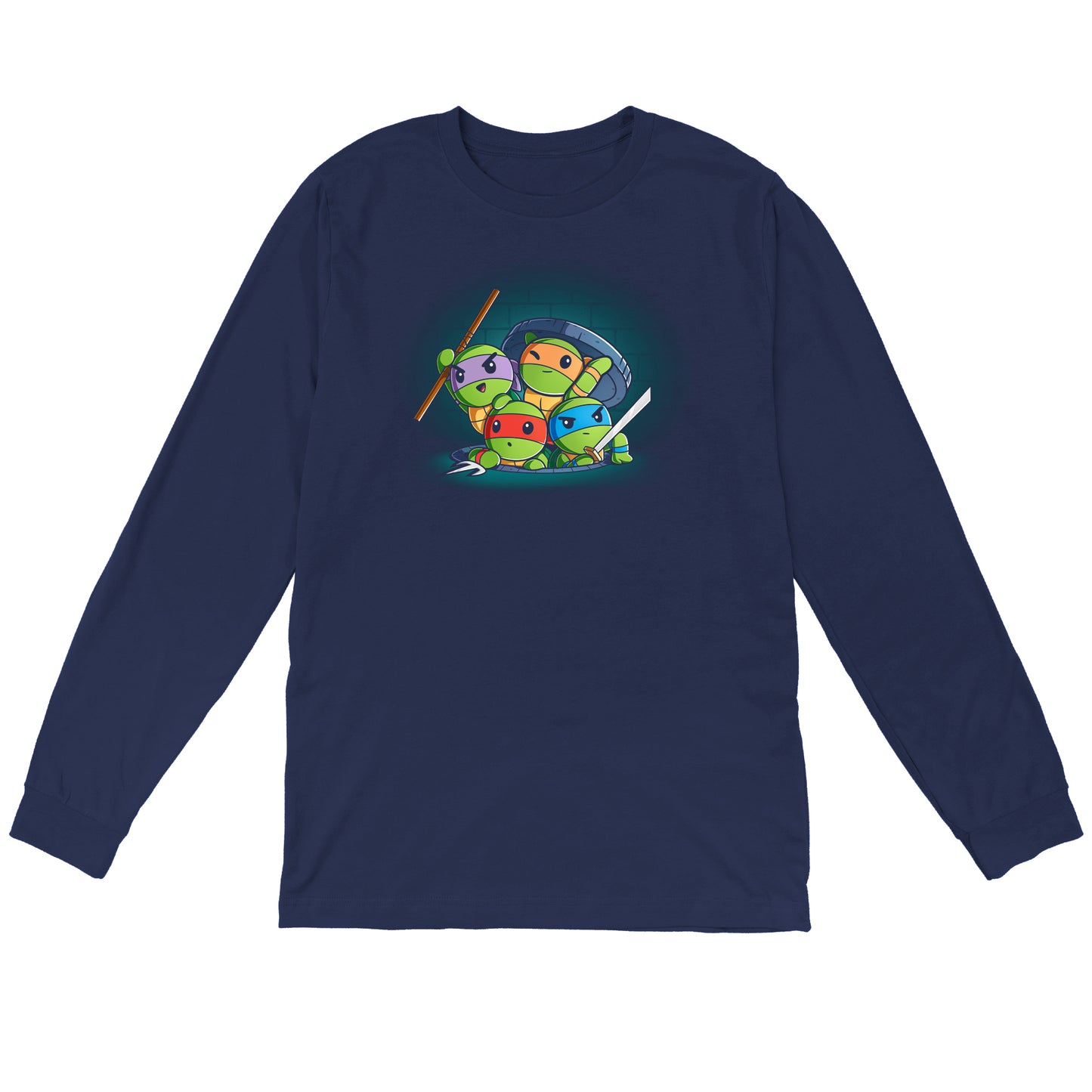 Long Sleeve T-shirt_TeeTurtle navy blue Turtle Time! apparel featuring Raphael, Leonardo, Michelangelo, and Donatello climbing out of a manhole.