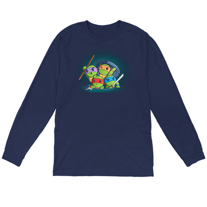 Long Sleeve T-shirt_TeeTurtle navy blue Turtle Time! apparel featuring Raphael, Leonardo, Michelangelo, and Donatello climbing out of a manhole.