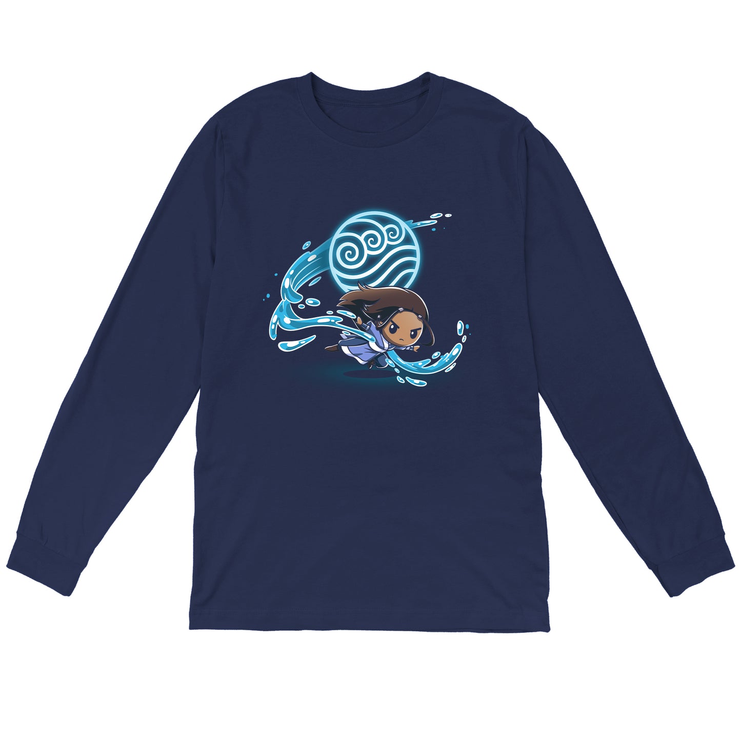Long Sleeve T-shirt_TeeTurtle navy blue Water Tribe apparel featuring Katara waterbending with the Water Nation symbol in the background.