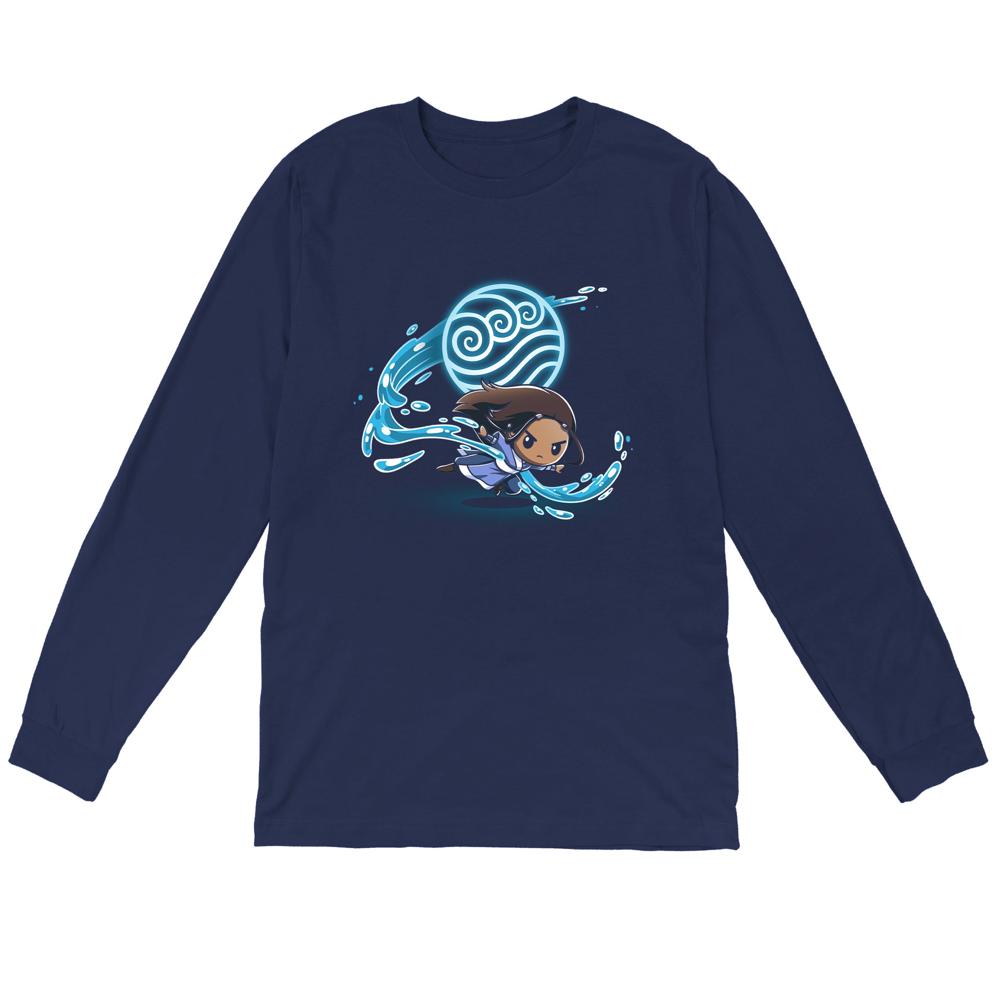Long Sleeve T-shirt_TeeTurtle navy blue Water Tribe apparel featuring Katara waterbending with the Water Nation symbol in the background.