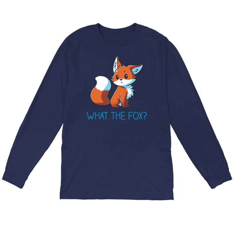 Long Sleeve T-shirt_TeeTurtle What the Fox? navy blue t-shirt featuring an adorable little fox looking quizzical posed above the pun 'What the Fox?'