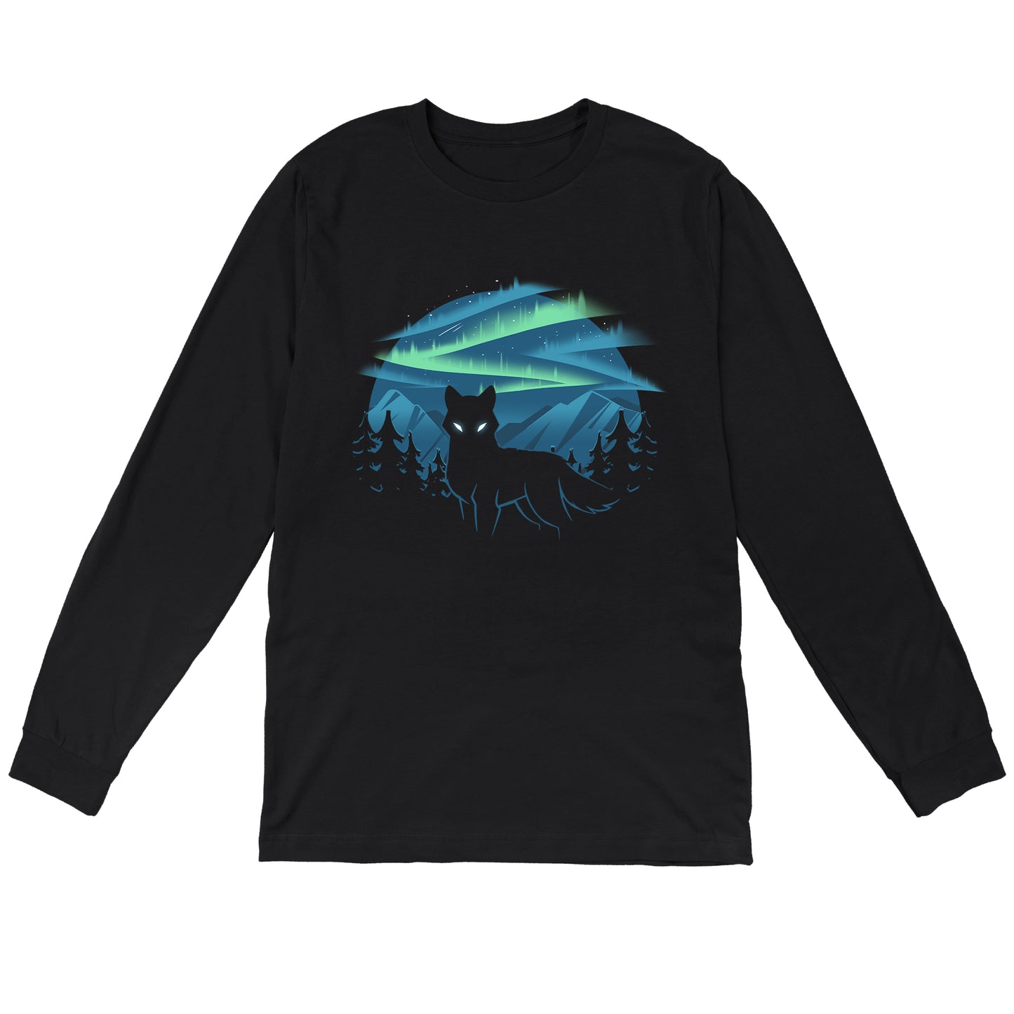 Long Sleeve T-shirt_A black apparel features a silhouette of a wolf with glowing eyes standing in front of a forest and mountains, with the wild aurora illuminating the night sky in the background. Made of super soft ringspun cotton, this Wild Aurora by monsterdigital is both comfortable and striking.