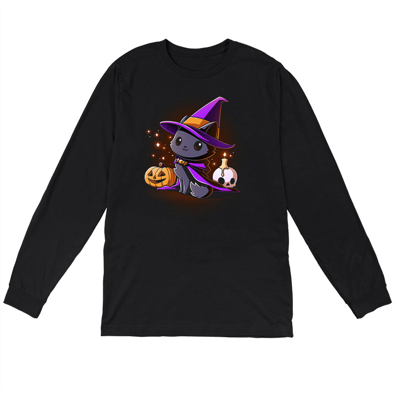 Long Sleeve T-shirt_TeeTurtle black Witch, I’m Purrfect apparel featuring a black cat wearing a purple witch hat and cloak surrounded by sparkles, a jack-o'-lantern, and a skull with a lit candle on top.