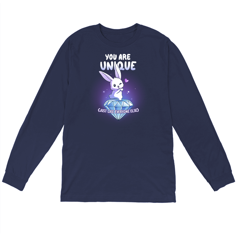 Long Sleeve T-shirt_TeeTurtle navy blue You Are Unique apparel featuring a winking bunny with a heart standing on top of a giant sparkling diamond with the sarcastic caption, “You are Unique (Just Like Everyone Else)“.