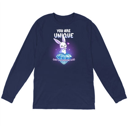 Long Sleeve T-shirt_TeeTurtle navy blue You Are Unique apparel featuring a winking bunny with a heart standing on top of a giant sparkling diamond with the sarcastic caption, “You are Unique (Just Like Everyone Else)“.