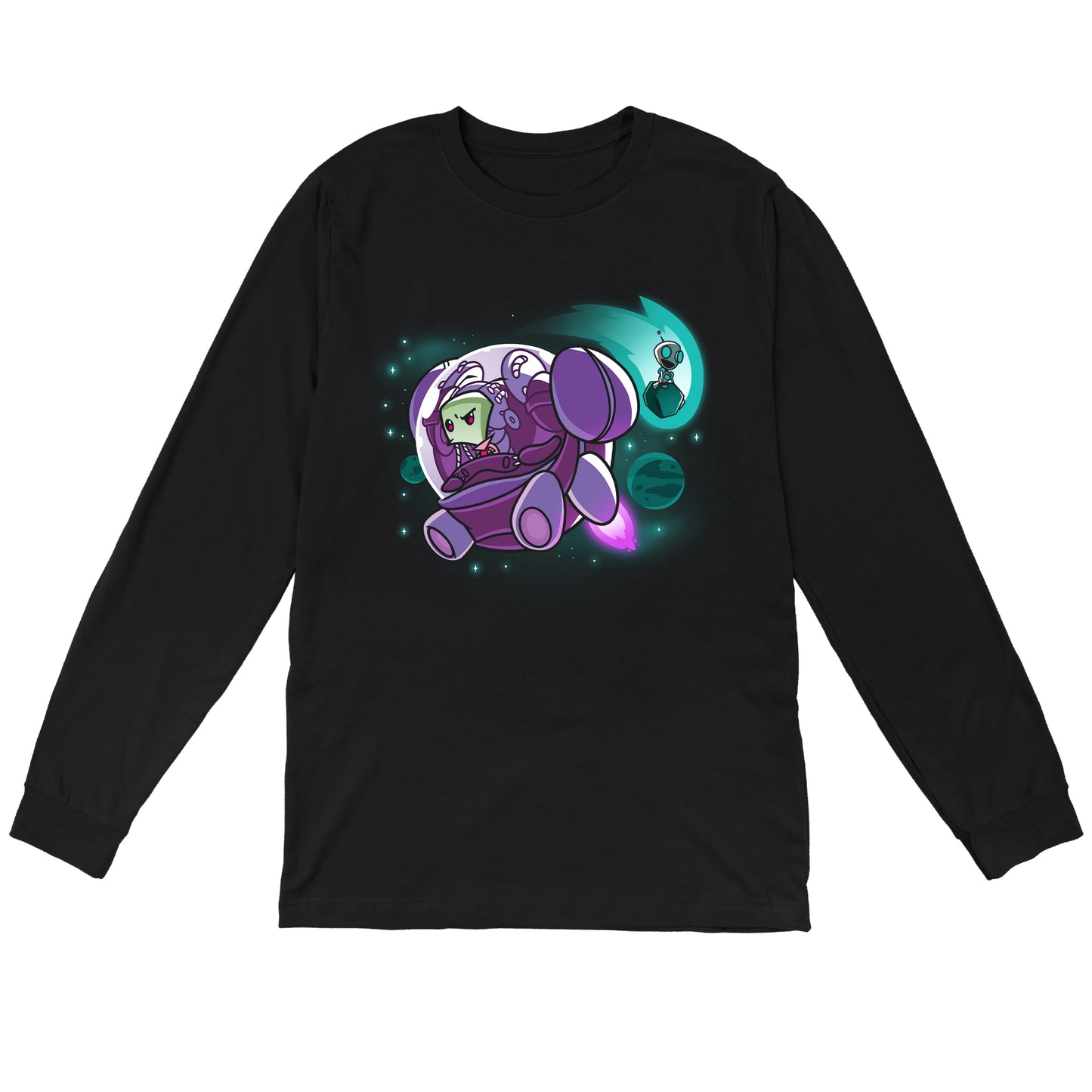 Long Sleeve T-shirt_TeeTurtle black Zim and Gir in Space apparel featuring Zim in a spaceship, and Gir sitting on an asteroid with planets in the background.