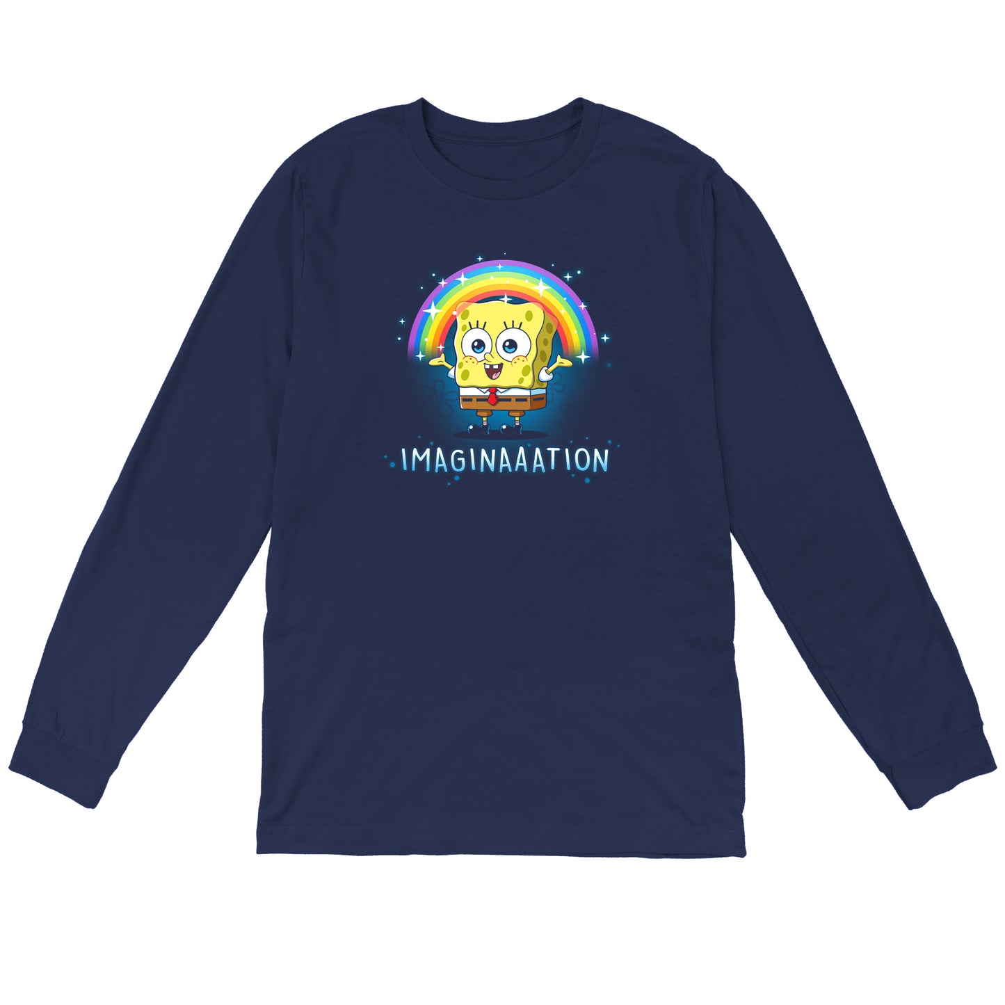 Long Sleeve T-shirt_TeeTurtle navy blue Imagination apparel featuring Spongebob Squarepants with his arms spread, and a rainbow above his head.