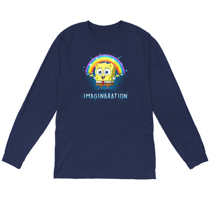 Long Sleeve T-shirt_TeeTurtle navy blue Imagination apparel featuring Spongebob Squarepants with his arms spread, and a rainbow above his head.