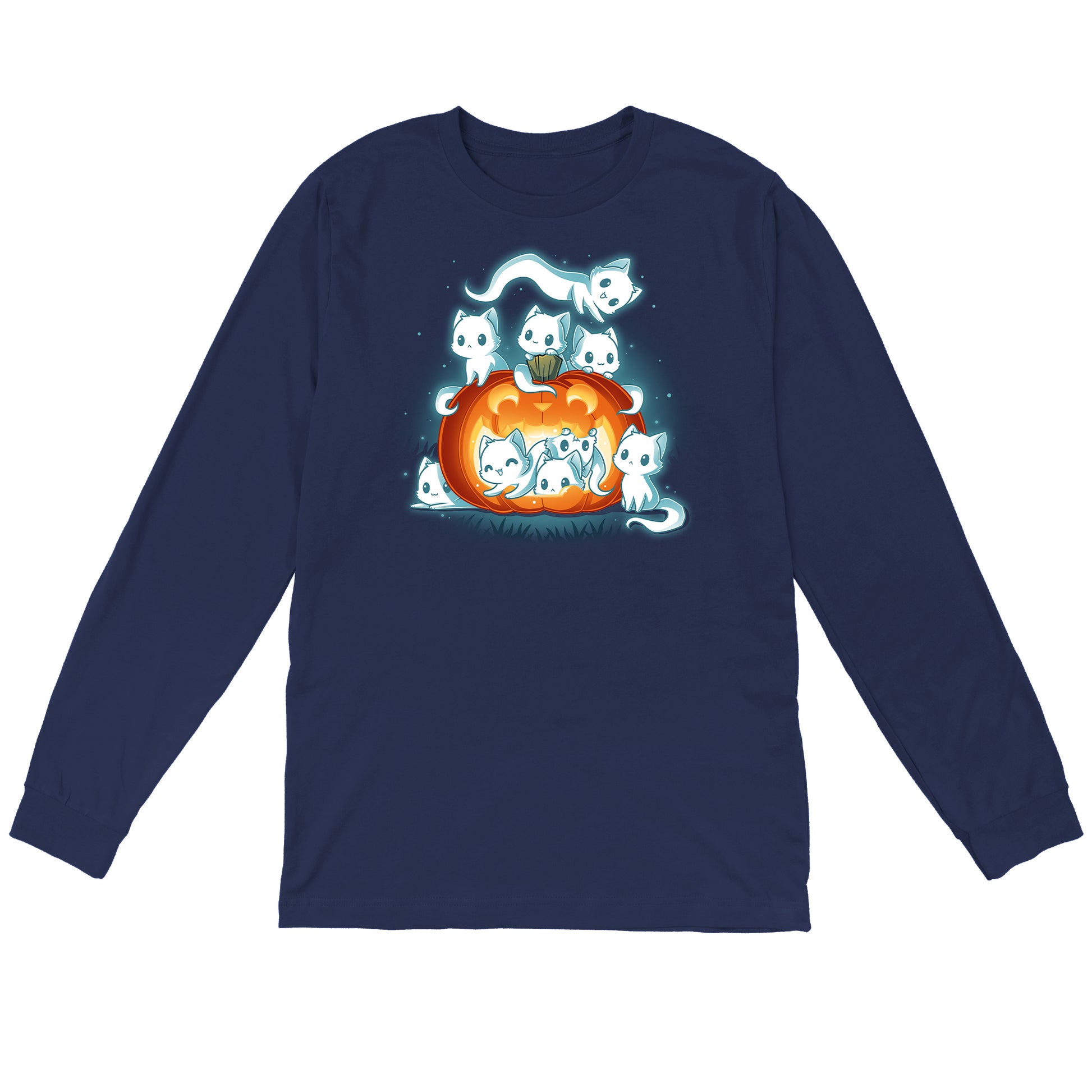 Long Sleeve T-shirt_TeeTurtle navy blue Pawssessed Pumpkin apparel featuring a giant jack-o'-lantern with nine ghost cats in various playful poses around it.