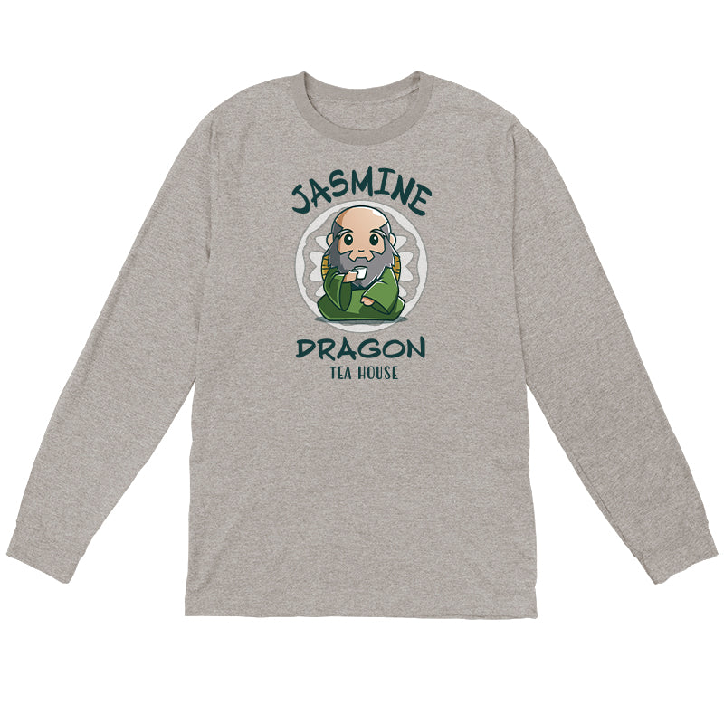 Long Sleeve T-shirt_TeeTurtle heather gray Jasmine Dragon Tea House apparel featuring Iroh holding a teacup.