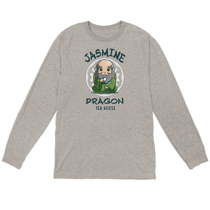 Long Sleeve T-shirt_TeeTurtle heather gray Jasmine Dragon Tea House apparel featuring Iroh holding a teacup.