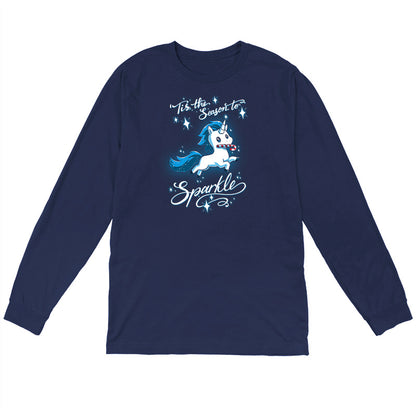 Long Sleeve T-shirt_TeeTurtle navy blue 'Tis The Season To Sparkle apparel featuring a leaping unicorn with a candy cane in its mouth surrounded by sparkles, with the caption, “'Tis The Season To Sparkle“.