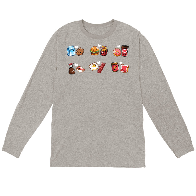 Long Sleeve T-shirt_TeeTurtle heather gray Taste Buddies Long Sleeve T-shirt featuring six pairs of food with smiling faces and a heart between each pair.