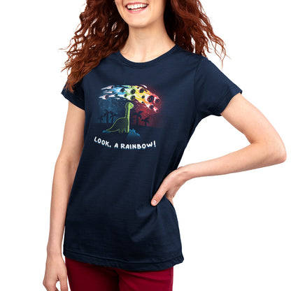 A woman wearing a TeeTurtle t-shirt featuring the Look, a Rainbow! design that says love is a tree.