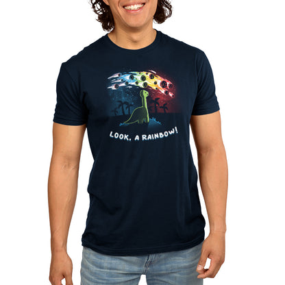 A man wearing a navy blue T-shirt that says "Look, a Rainbow!" by TeeTurtle.
