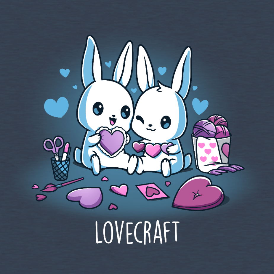 Classic Cotton T-shirt_TeeTurtle heather navy Lovecraft Bunnies Classic Cotton T-shirt featuring two bunnies doing love-themed crafts with hearts in the back and a caption that reads, "lovecraft".