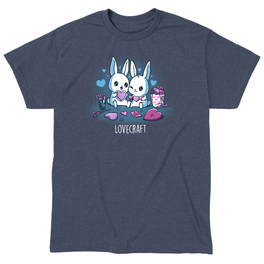 Classic Cotton T-shirt_TeeTurtle heather navy Lovecraft Bunnies Classic Cotton T-shirt featuring two bunnies doing love-themed crafts with hearts in the back and a caption that reads, "lovecraft".