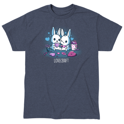 Classic Cotton T-shirt_TeeTurtle heather navy Lovecraft Bunnies Classic Cotton T-shirt featuring two bunnies doing love-themed crafts with hearts in the back and a caption that reads, "lovecraft".