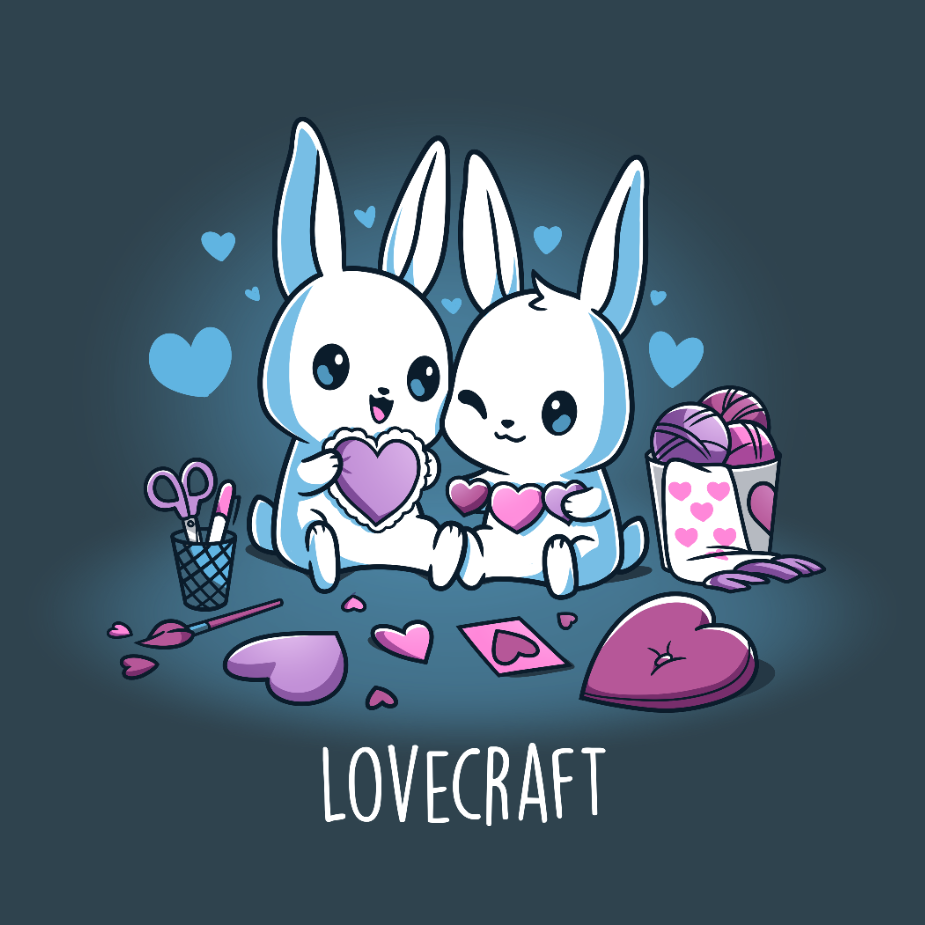 Premium Cotton T-shirt_TeeTurtle denim blue Lovecraft Bunnies Premium Cotton T-shirt featuring two bunnies doing love-themed crafts with hearts in the back and a caption that reads, "lovecraft".