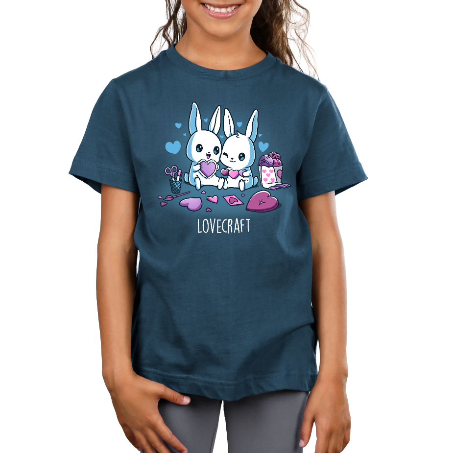 Premium Cotton T-shirt_TeeTurtle denim blue Lovecraft Bunnies Premium Cotton T-shirt featuring two bunnies doing love-themed crafts with hearts in the back and a caption that reads, "lovecraft".