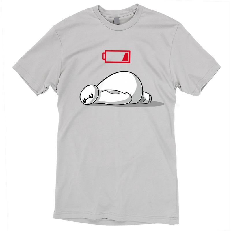 A white Low Battery t-shirt with an image of a polar bear laying down from the Disney brand.
