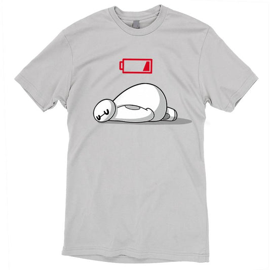 A white Low Battery t-shirt with an image of a polar bear laying down from the Disney brand.