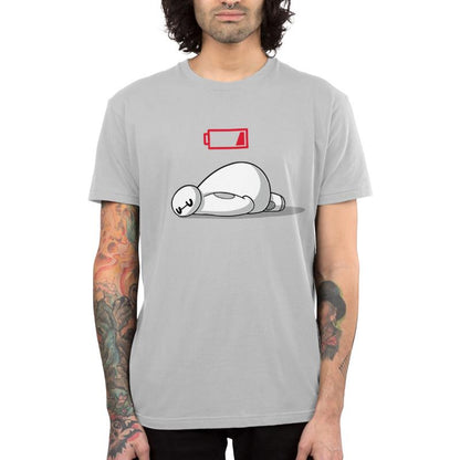 A grey t-shirt featuring an image of a polar bear laying down, officially licensed by Disney's Low Battery brand.