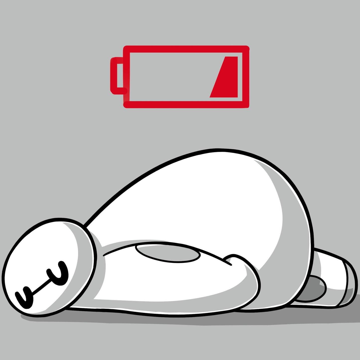 A white teddy bear, resembling Baymax from Disney, laying on the ground with a Low Battery from Disney next to it.