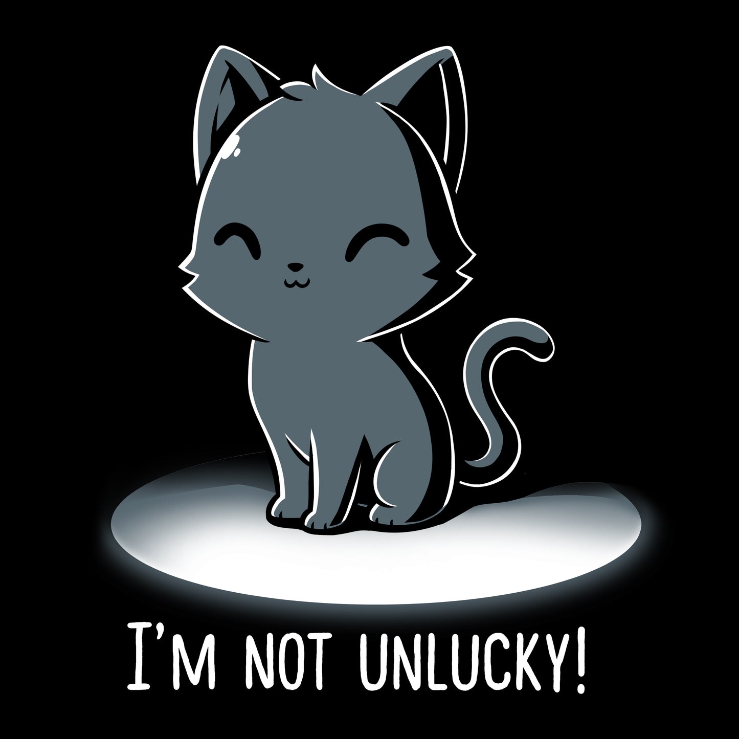 A TeeTurtle Lucky Kitty (Glow) wearing a t-shirt that says "I'm not unlucky.