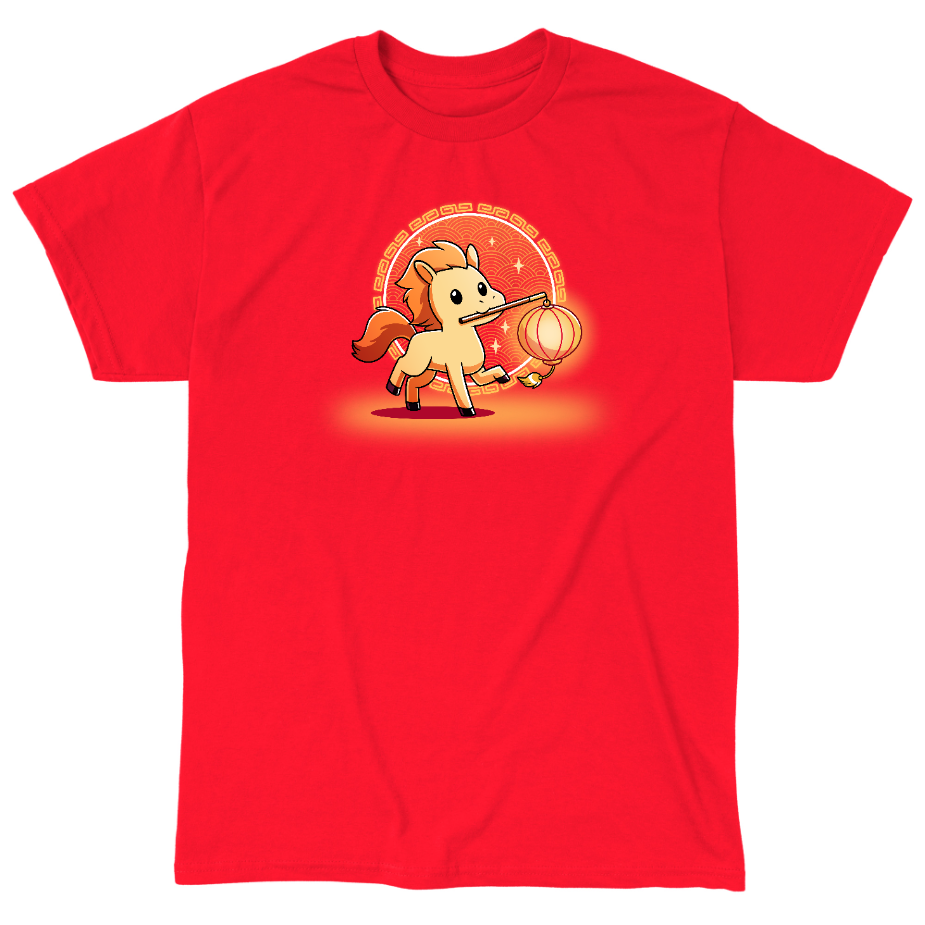 Classic Cotton T-shirt_TeeTurtle red Lunar New Year Horse apparel featuring a yellow horse with an orange mane holding a lantern on a stick in its mouth, with a background of Lunar New Year elements.