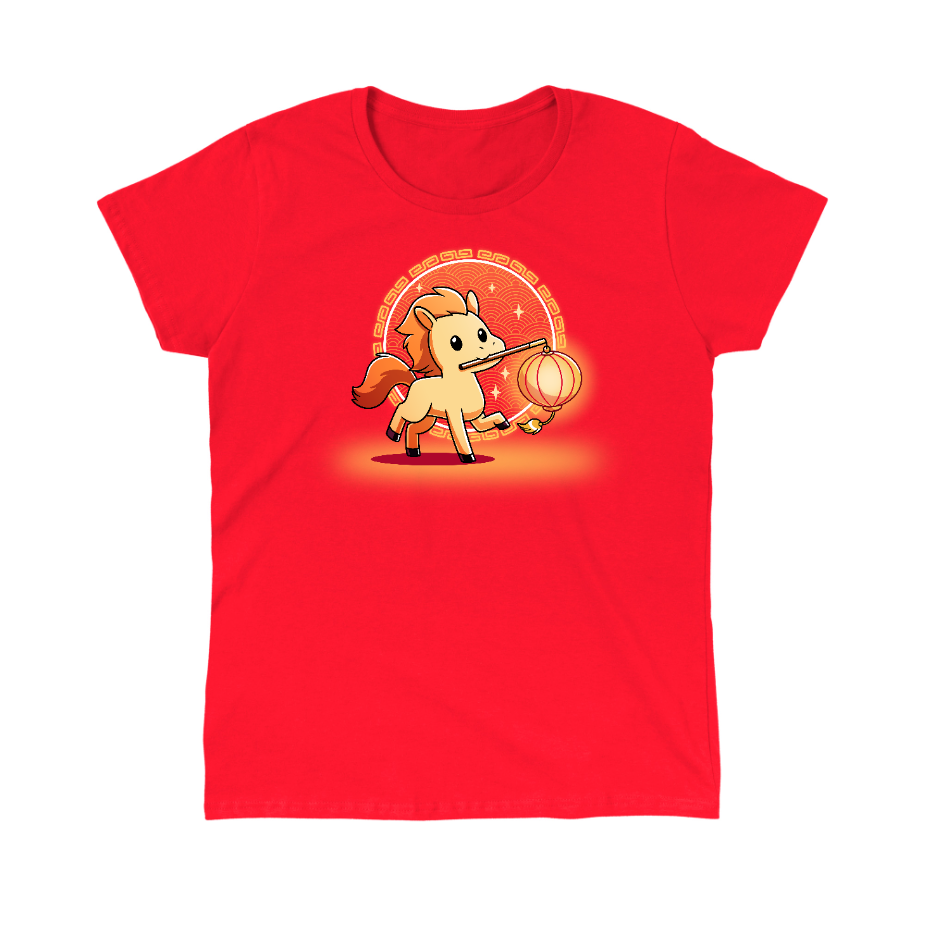 Classic Cotton T-shirt_TeeTurtle red Lunar New Year Horse apparel featuring a yellow horse with an orange mane holding a lantern on a stick in its mouth, with a background of Lunar New Year elements.