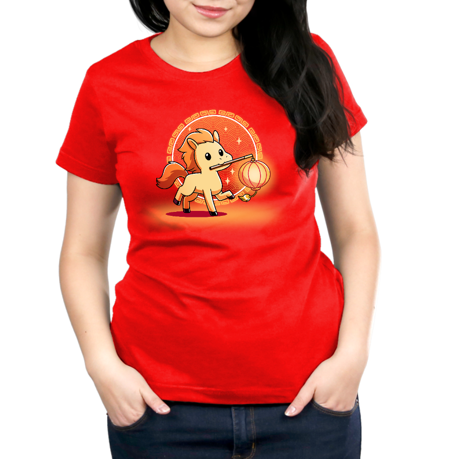 Premium Cotton T-shirt_TeeTurtle red Lunar New Year Horse apparel featuring a yellow horse with an orange mane holding a lantern on a stick in its mouth, with a background of Lunar New Year elements.