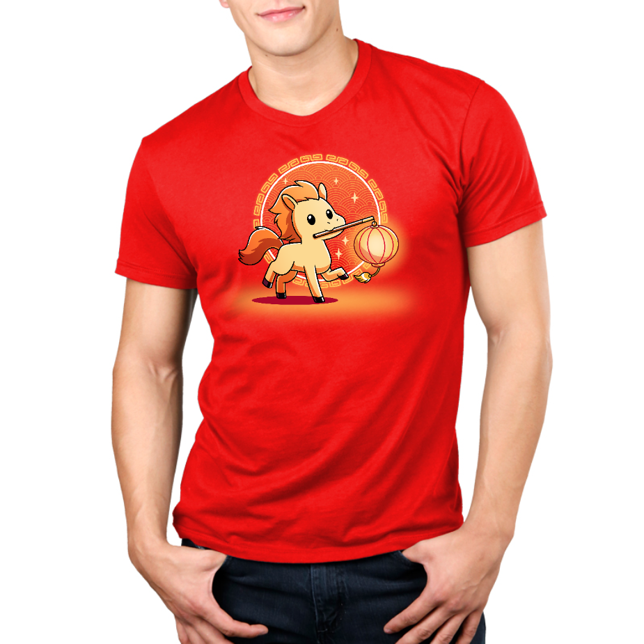 Premium Cotton T-shirt_TeeTurtle red Lunar New Year Horse apparel featuring a yellow horse with an orange mane holding a lantern on a stick in its mouth, with a background of Lunar New Year elements.