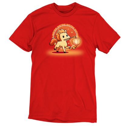 Premium Cotton T-shirt_TeeTurtle red Lunar New Year Horse apparel featuring a yellow horse with an orange mane holding a lantern on a stick in its mouth, with a background of Lunar New Year elements.