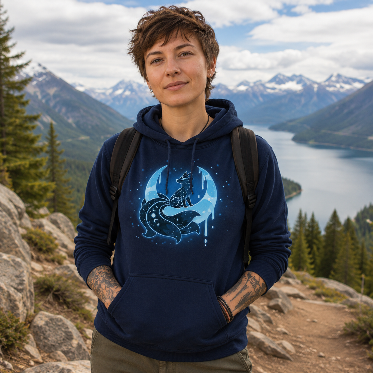 Pullover Hoodie_TeeTurtle navy Lunar Kitsune Pullover Hoodie featuring a glowing blue nine-tailed kitsune beneath a crescent moon, surrounded by stars and dripping moonlight.