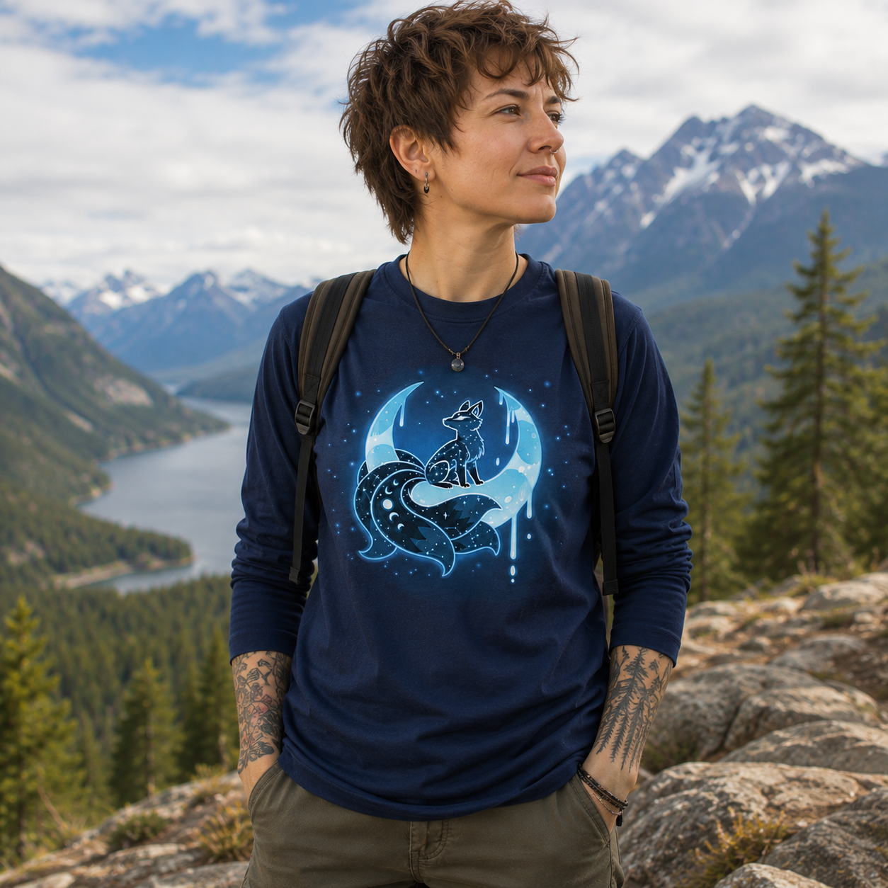 Long Sleeve T-shirt_TeeTurtle navy Lunar Kitsune Long Sleeve T-shirt featuring a glowing blue nine-tailed kitsune beneath a crescent moon, surrounded by stars and dripping moonlight.