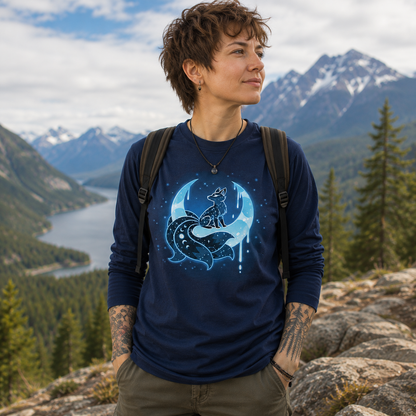 Long Sleeve T-shirt_TeeTurtle navy Lunar Kitsune Long Sleeve T-shirt featuring a glowing blue nine-tailed kitsune beneath a crescent moon, surrounded by stars and dripping moonlight.