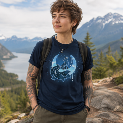 Men's Premium T-Shirt_TeeTurtle navy Lunar Kitsune Men's Premium T-Shirt featuring a glowing blue nine-tailed kitsune beneath a crescent moon, surrounded by stars and dripping moonlight.