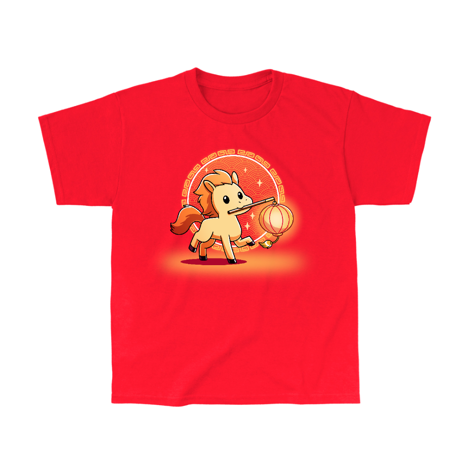 Classic Cotton T-shirt_TeeTurtle red Lunar New Year Horse apparel featuring a yellow horse with an orange mane holding a lantern on a stick in its mouth, with a background of Lunar New Year elements.