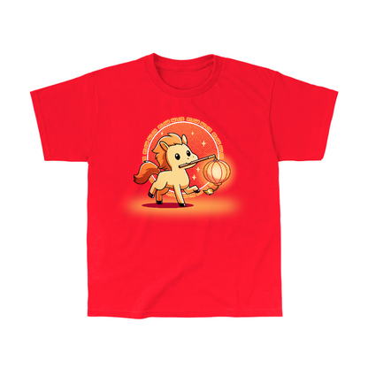 Classic Cotton T-shirt_TeeTurtle red Lunar New Year Horse apparel featuring a yellow horse with an orange mane holding a lantern on a stick in its mouth, with a background of Lunar New Year elements.