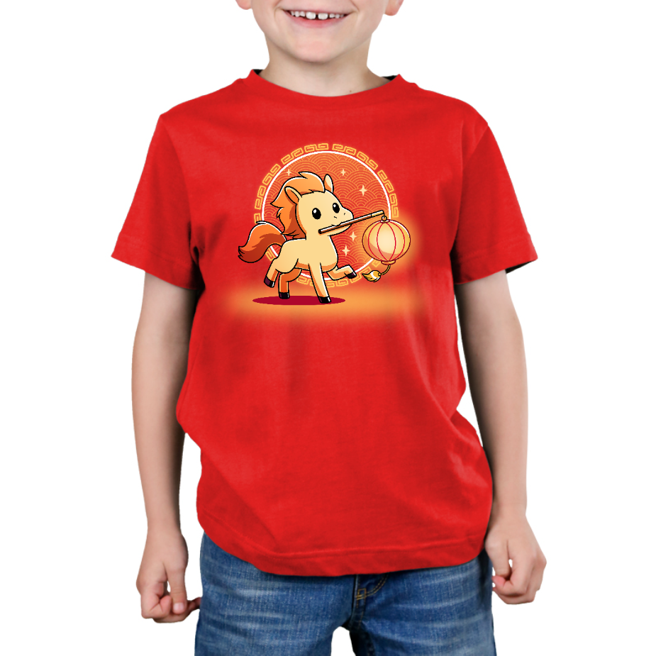 Premium Cotton T-shirt_TeeTurtle red Lunar New Year Horse apparel featuring a yellow horse with an orange mane holding a lantern on a stick in its mouth, with a background of Lunar New Year elements.