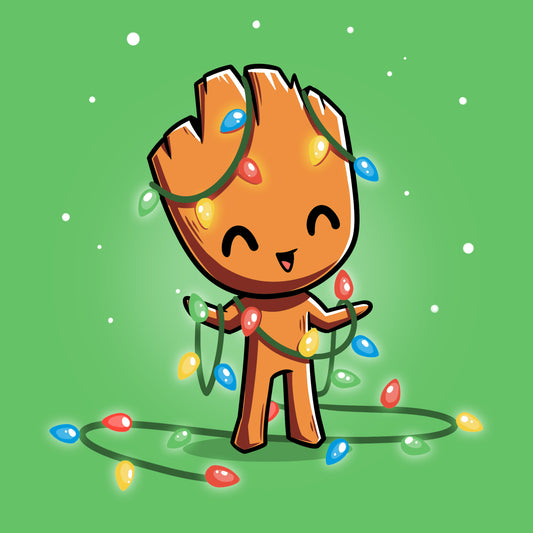 A Tangled Up Groot standing next to a Christmas tree, adorned with sparkling Christmas lights. (Brand Name: Marvel)